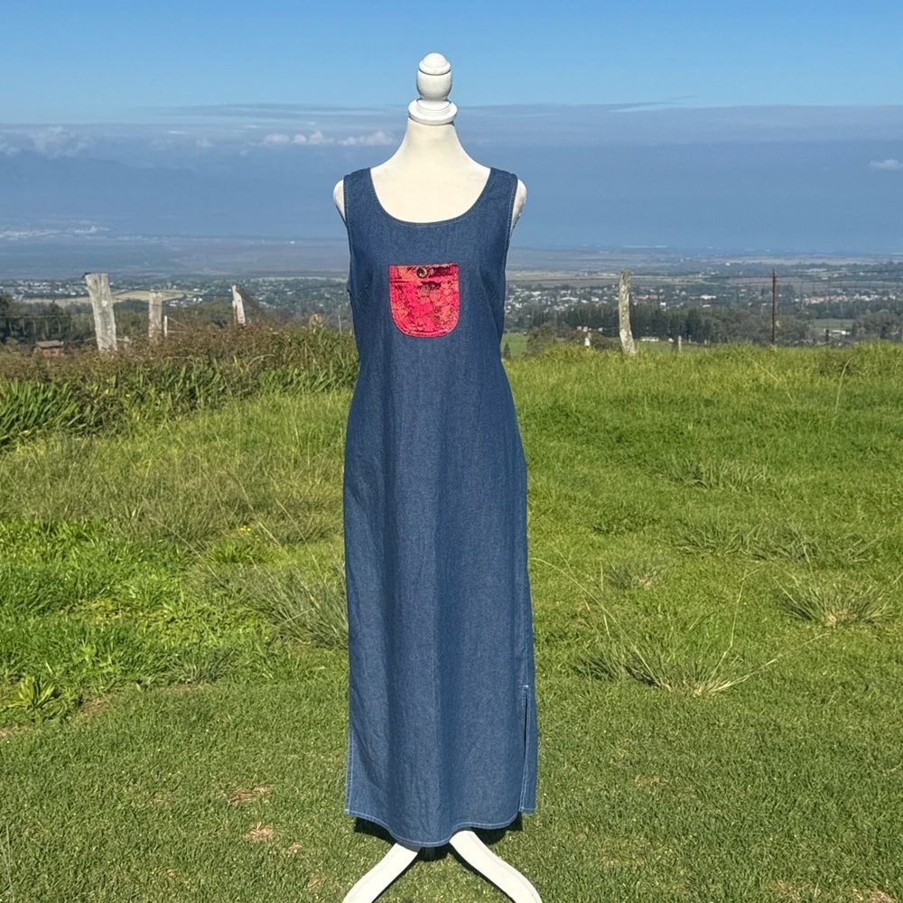 Vintage Y2K 90s Nina Piccalino Sleeveless Asian detailing denim  maxi dress 10P